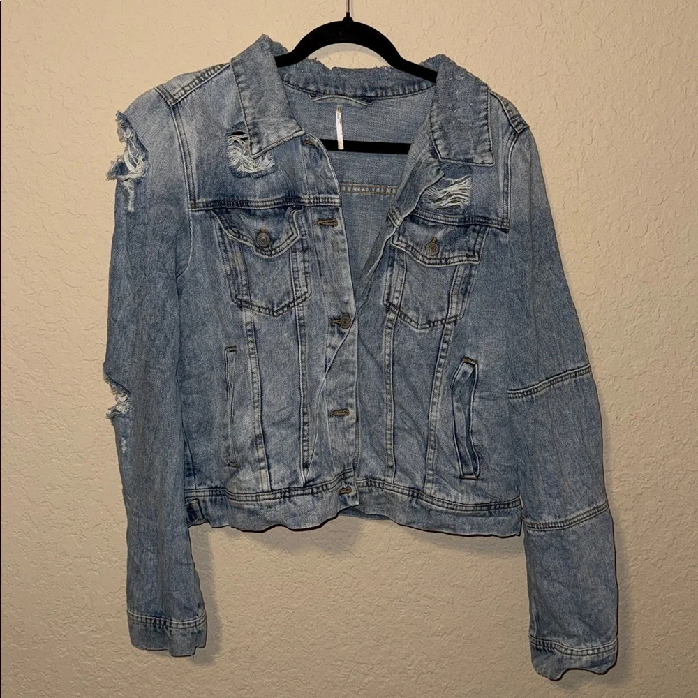 Free People Light Blue Distressed Denim Jacket